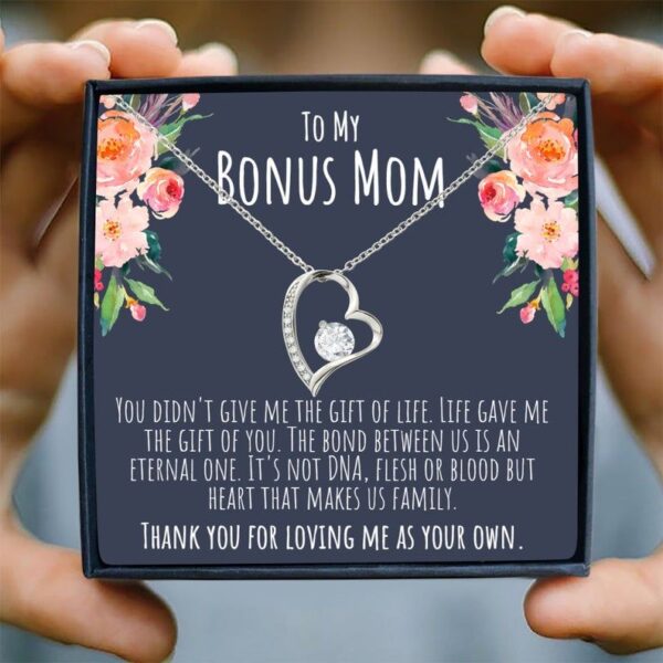 Bonus Mom Gifts, Love You To The Moon Necklace .925 Sterling Silver with 18k Gold Heart, Bonus Mom Necklace Gifts For Bonus Mom, Stepmom