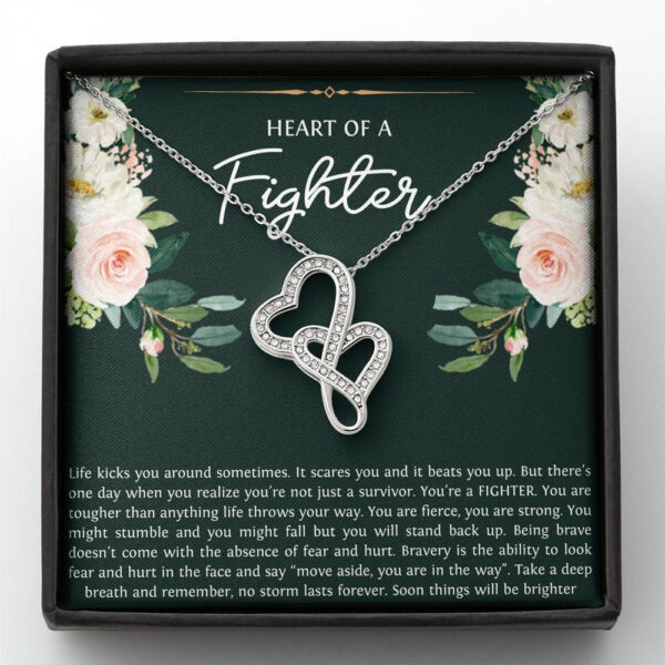 Encouragement Gifts, Heart of a Fighter, Motivational Double Heart Necklace For Women, Sympathy Inspiration Friendship Present