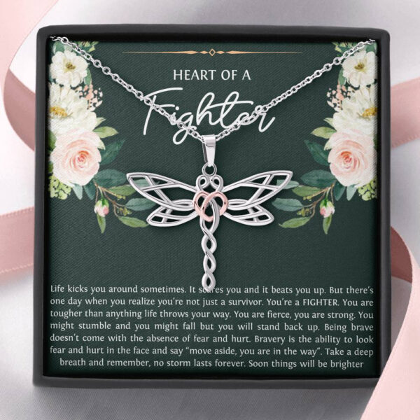 Encouragement Gifts, Heart of a Fighter, Motivational Dragonfly Necklace For Women, Sympathy Inspiration Friendship Present